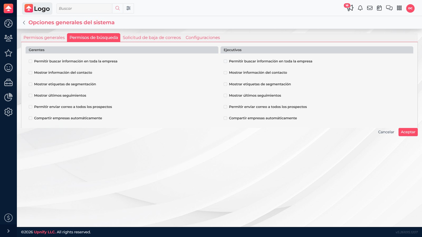 CRM Search permissions tab with separate controls for managers and executives.