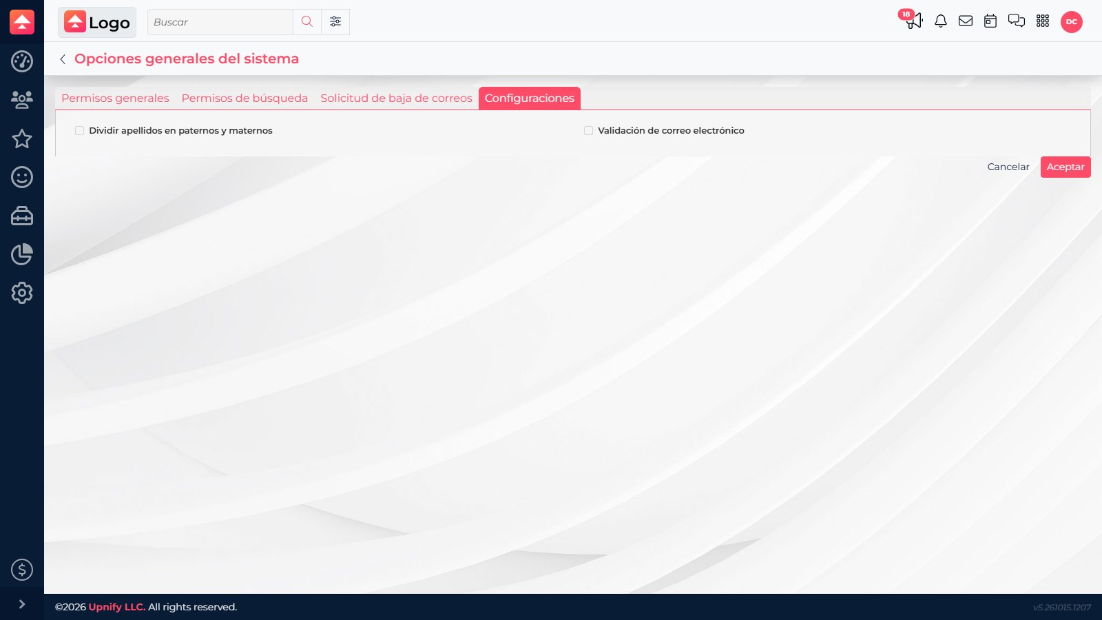 CRM Configurations tab with surname separation and email validation options.
