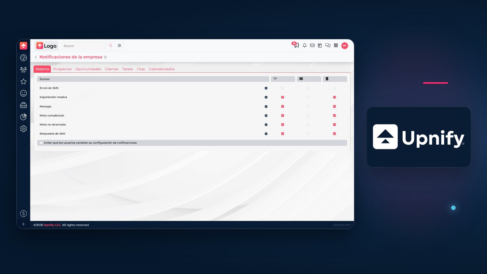 Matriz de notificaciones de empresa y eventos de Upnify CRM