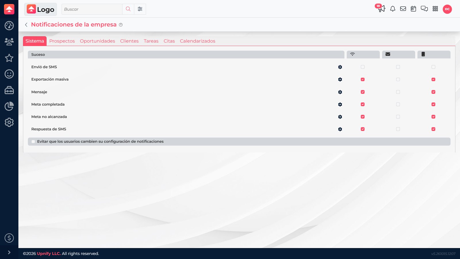 CRM Company notifications matrix with event categories and channel columns.