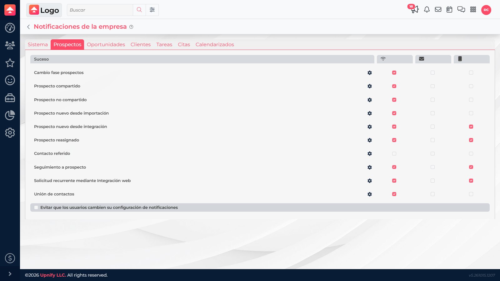 Prospects tab in Company notifications with configurable events and channels.