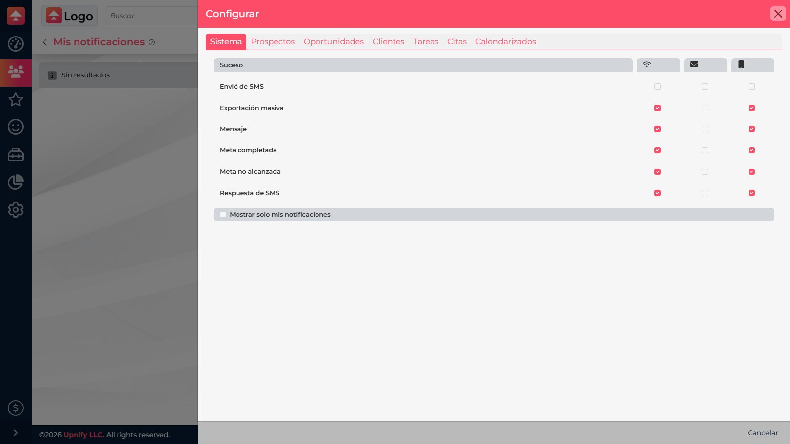 Configure panel for My notifications, with events grouped by category.