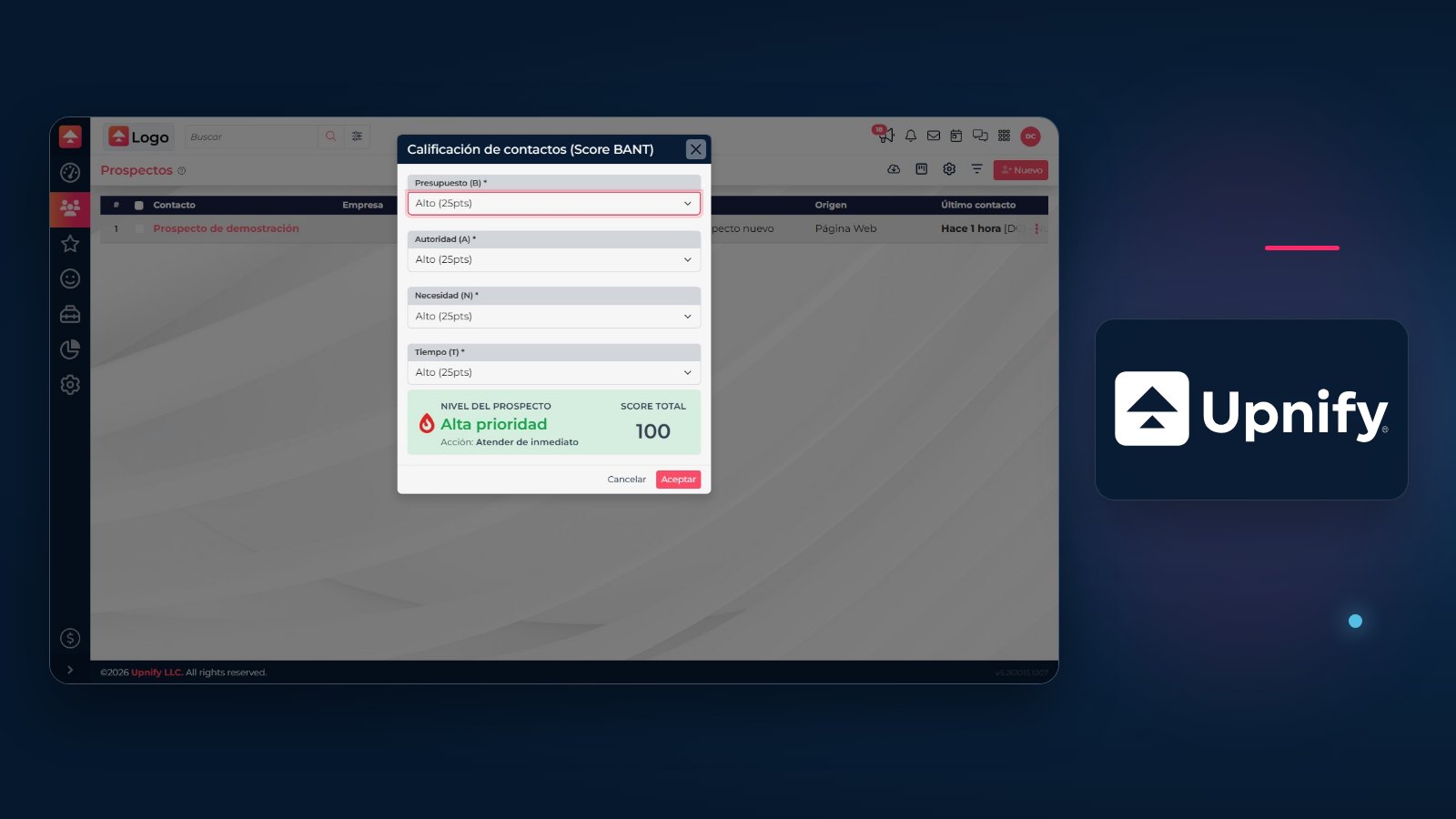 Panel BANT de calificación de prospectos en Upnify CRM