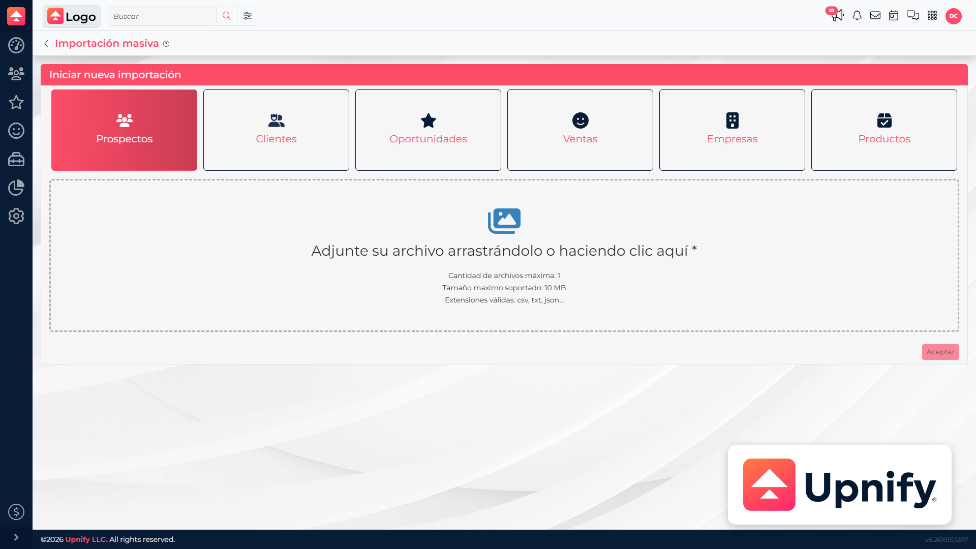 Real CRM Mass import screen showing entity selection and file upload