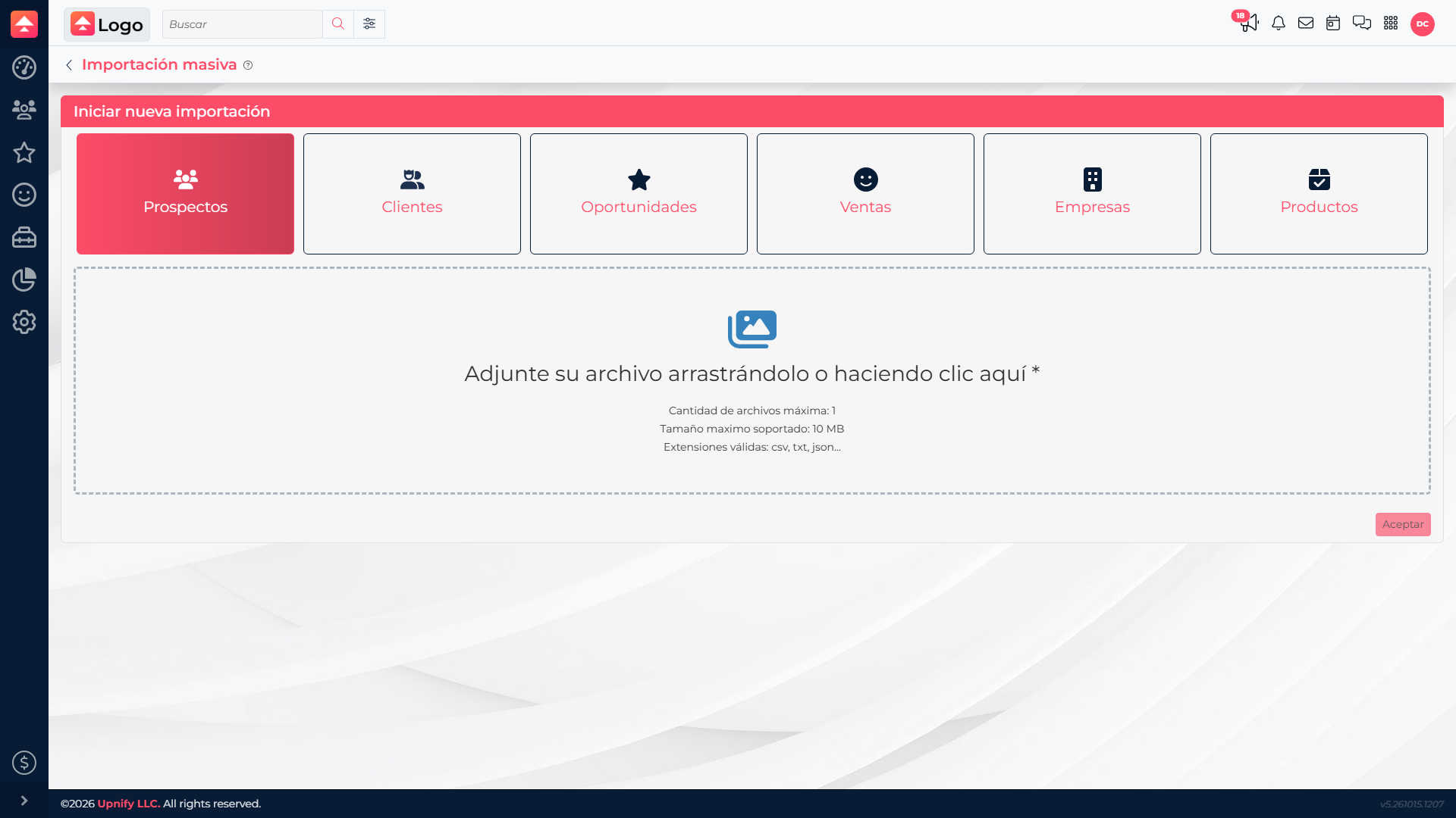 Real CRM Mass import start screen with Prospects selected and the file upload area