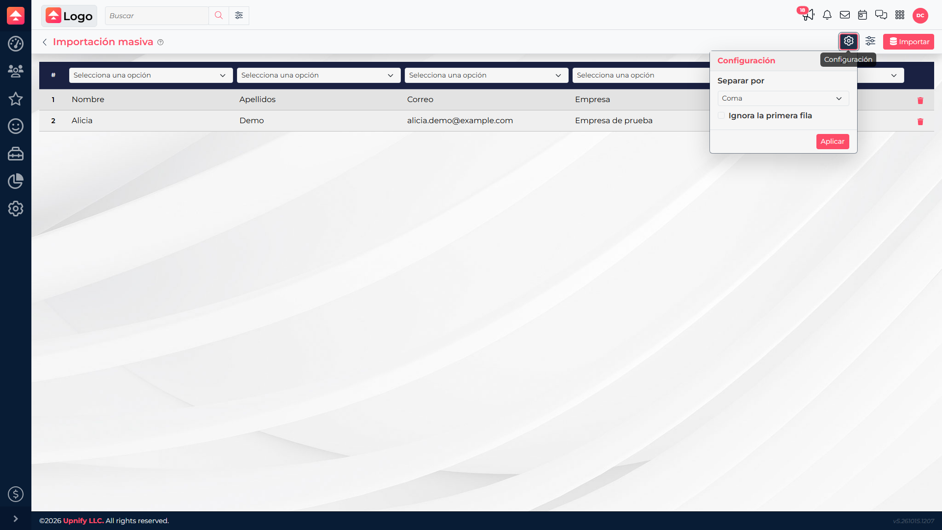 Mass import settings with the CSV separator and option to ignore the first row