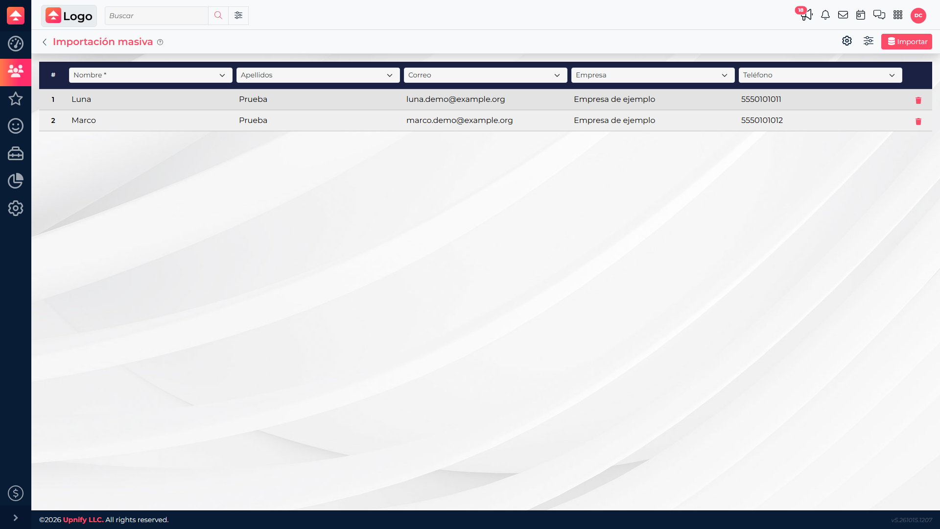 Real preview with columns from a Prospects file mapped to CRM fields