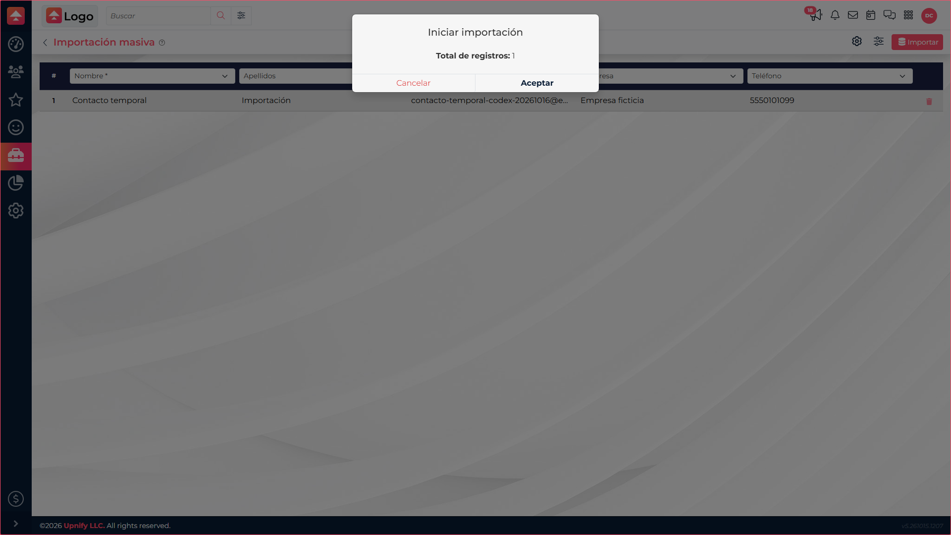 Confirmation window before importing a sample record into CRM