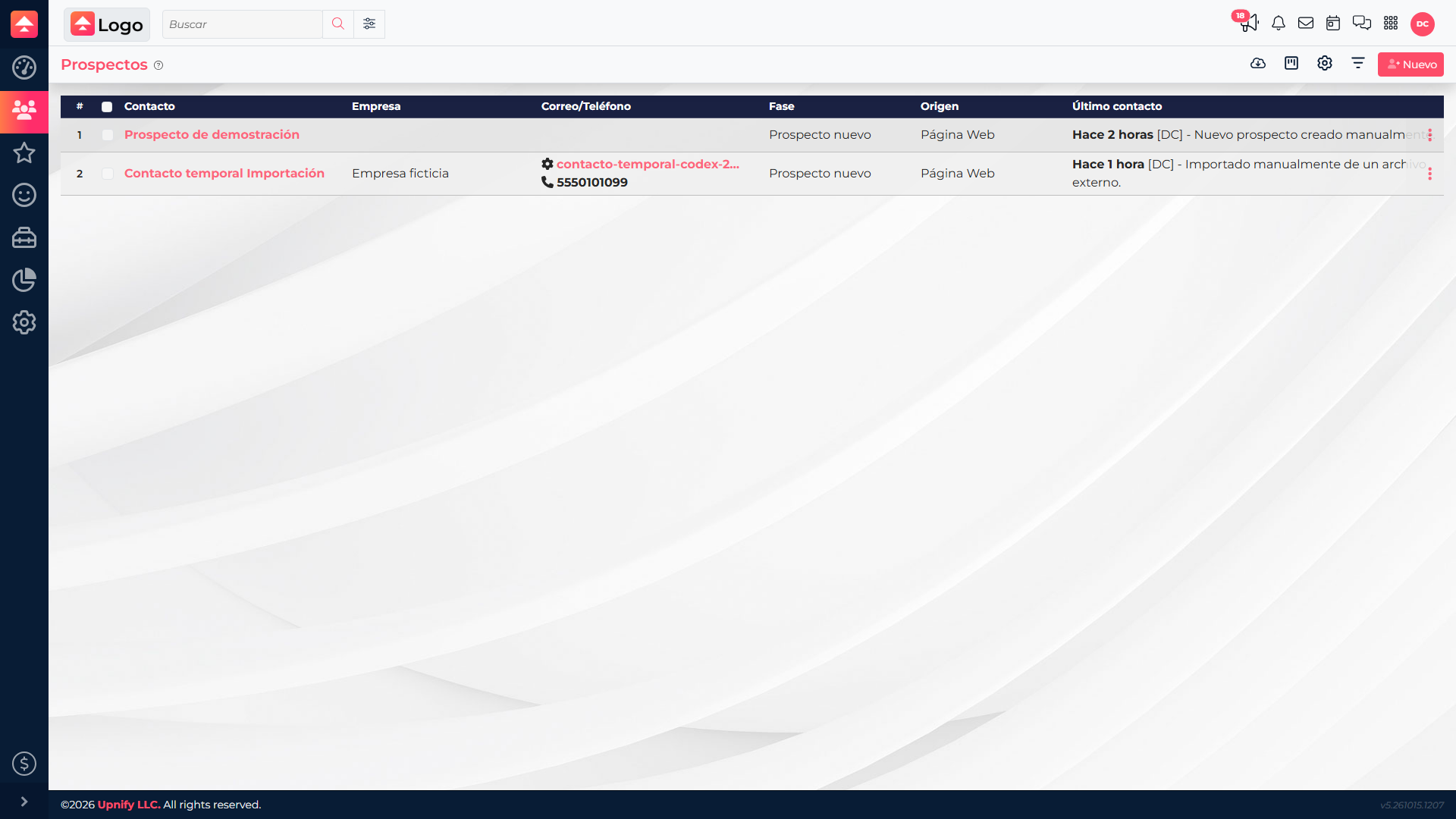 CRM Prospects list with a sample record imported from a file