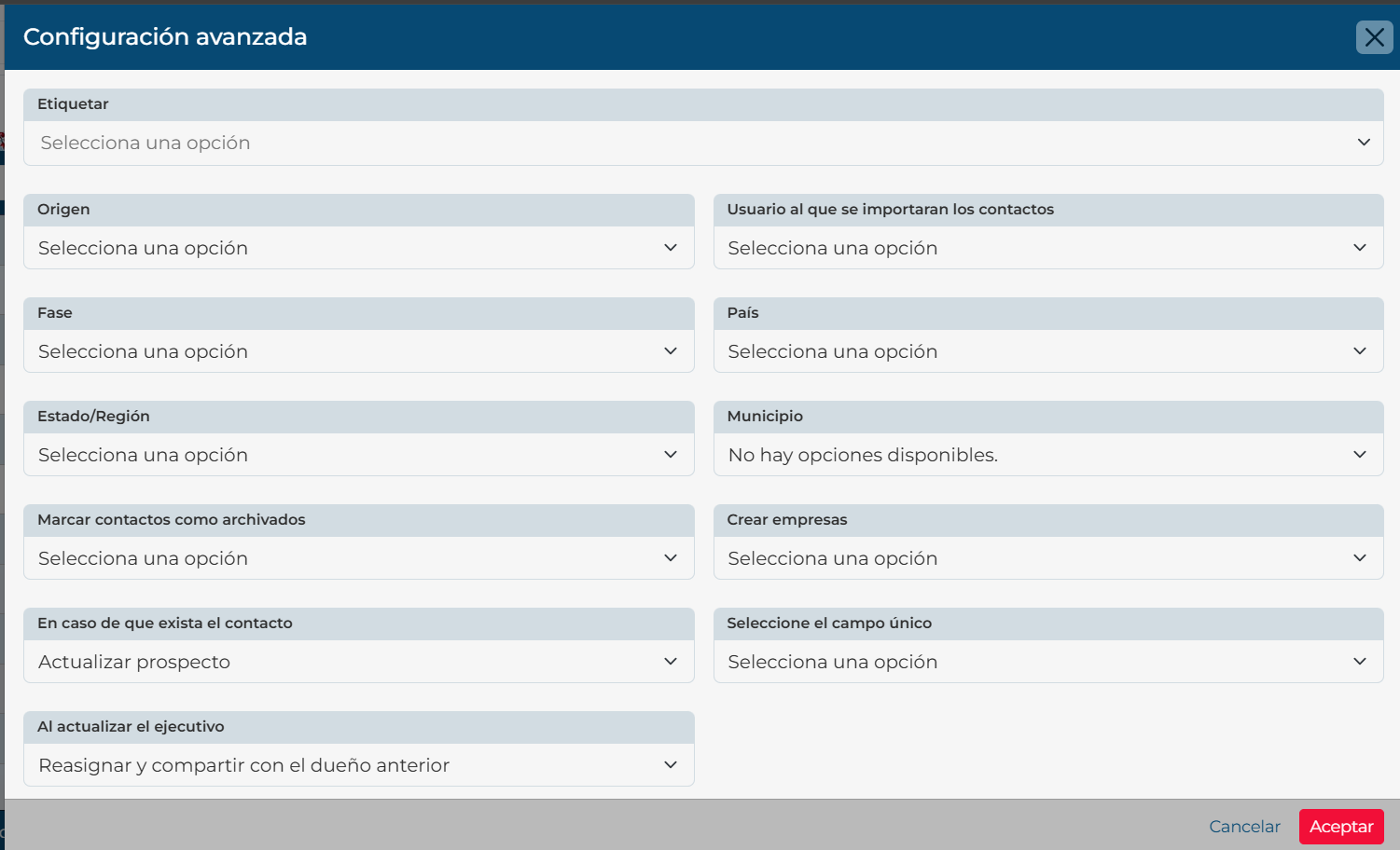 Advanced import configuration panel with contact settings