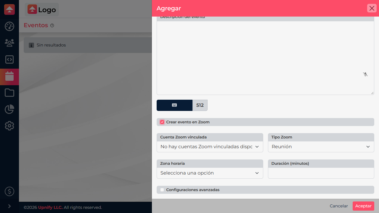 Virtual event form in Engage with the Create Event in Zoom option and event type, time zone, and duration fields