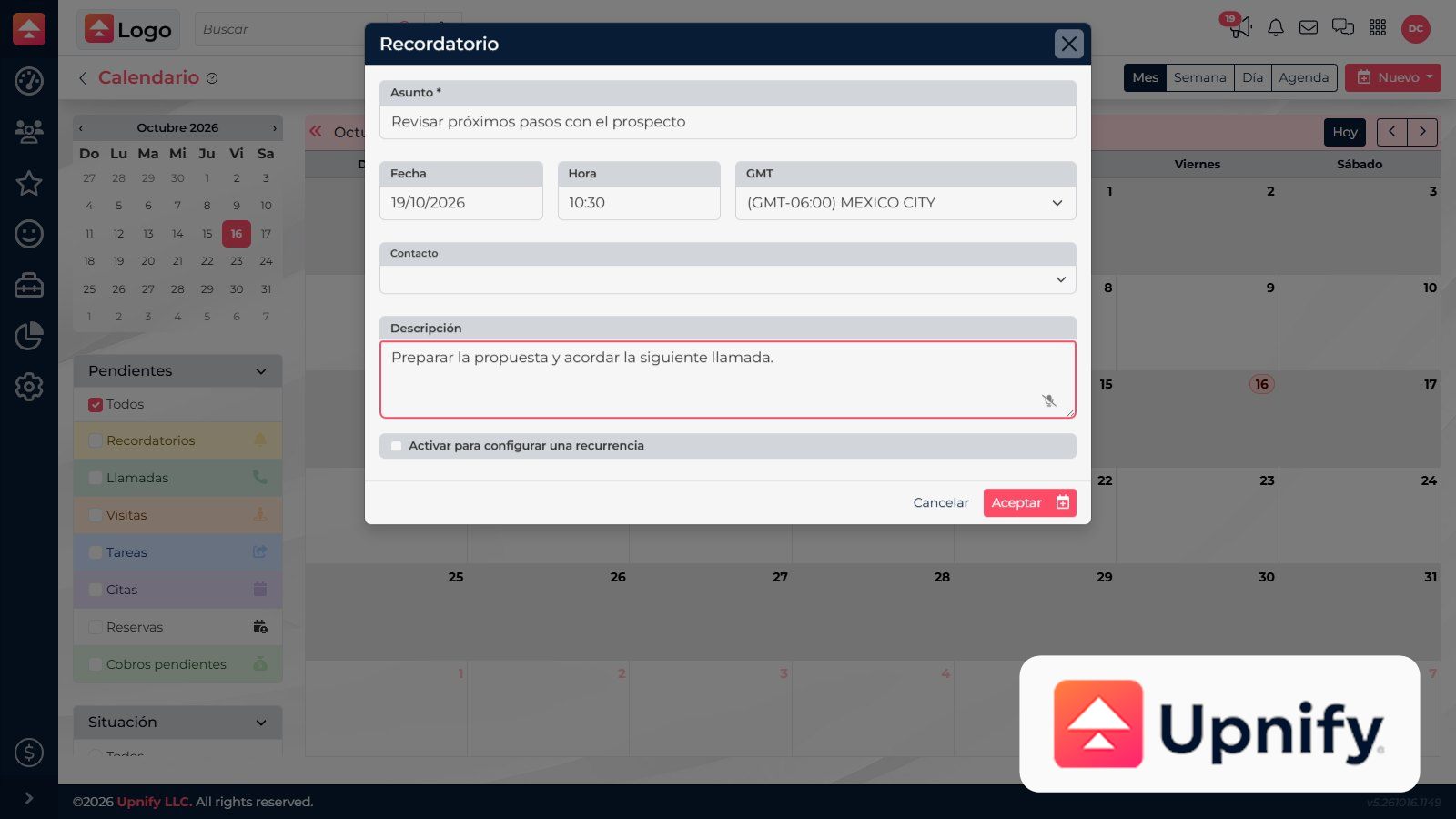 CRM menu for creating and managing activities