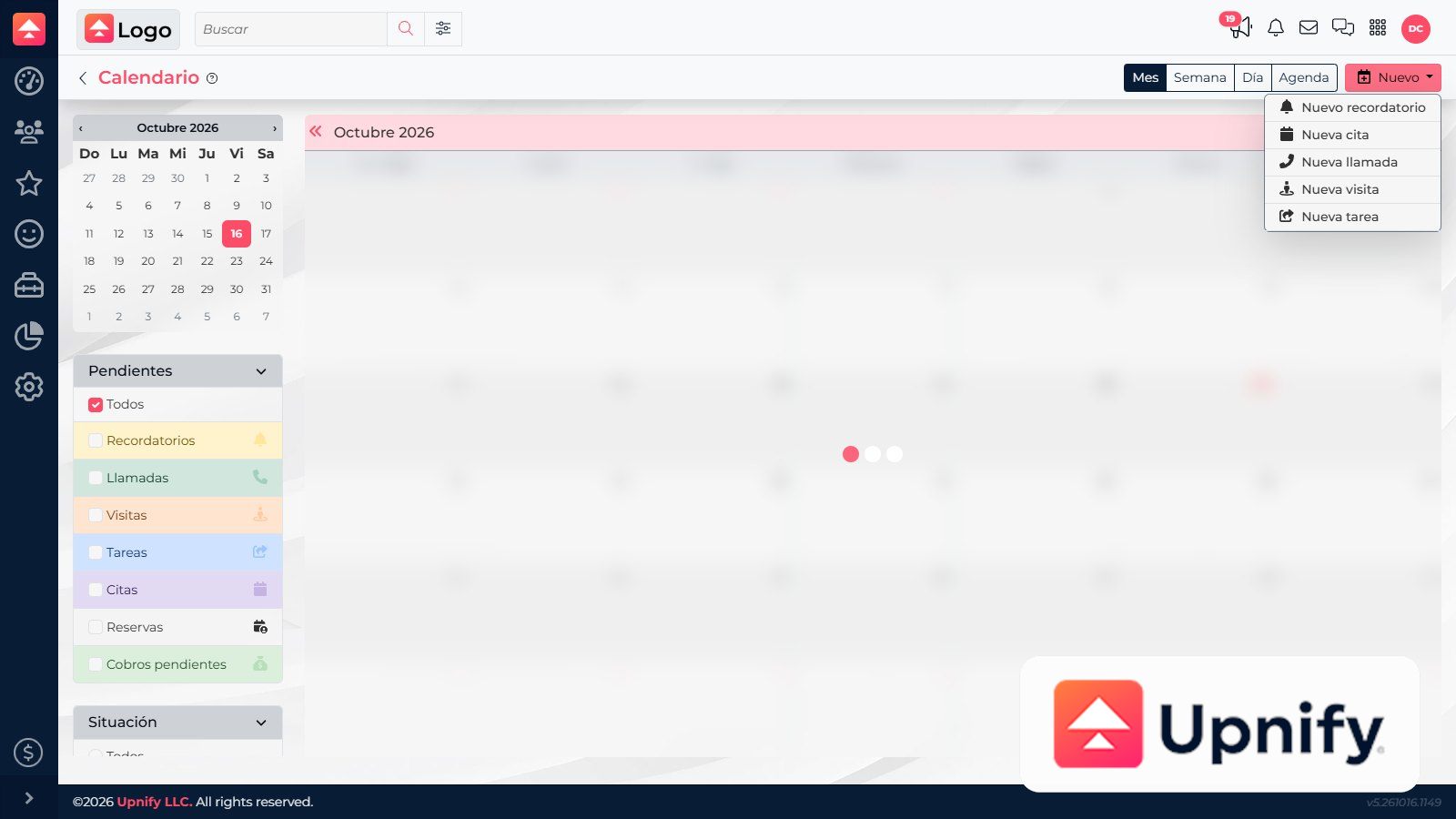 CRM menu for creating reminders, appointments, calls, visits, and tasks