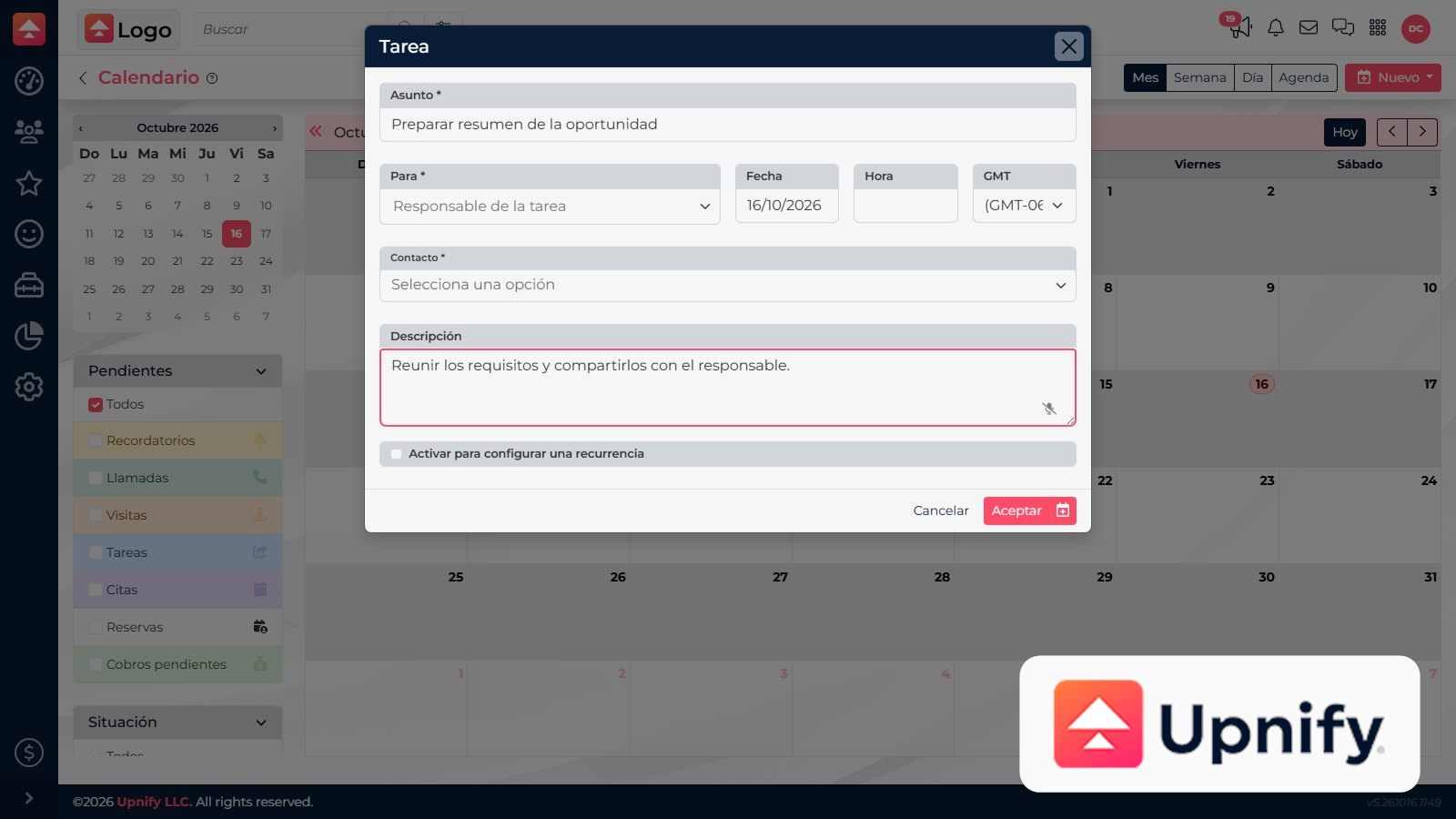 CRM task form with owner selector