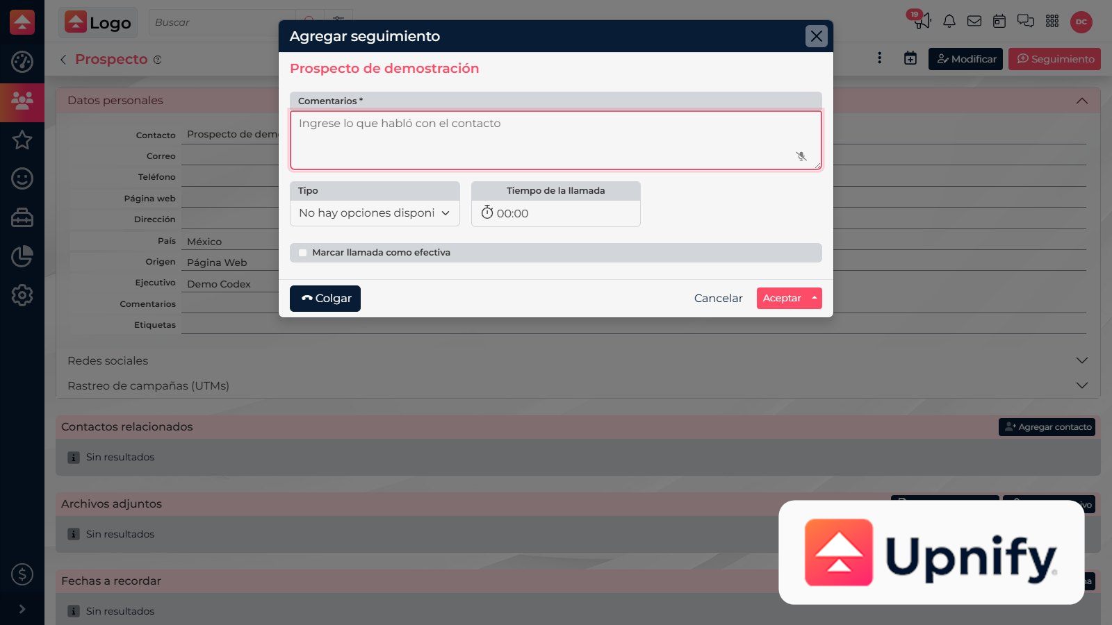 Upnify CRM call follow-up window