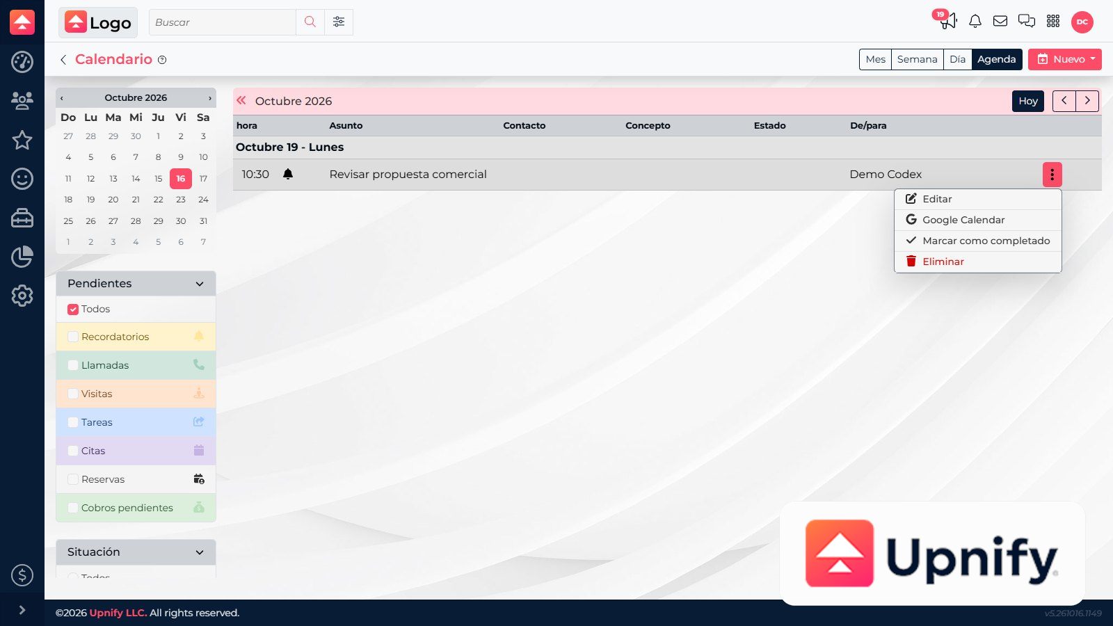 Google Calendar action available for a CRM activity