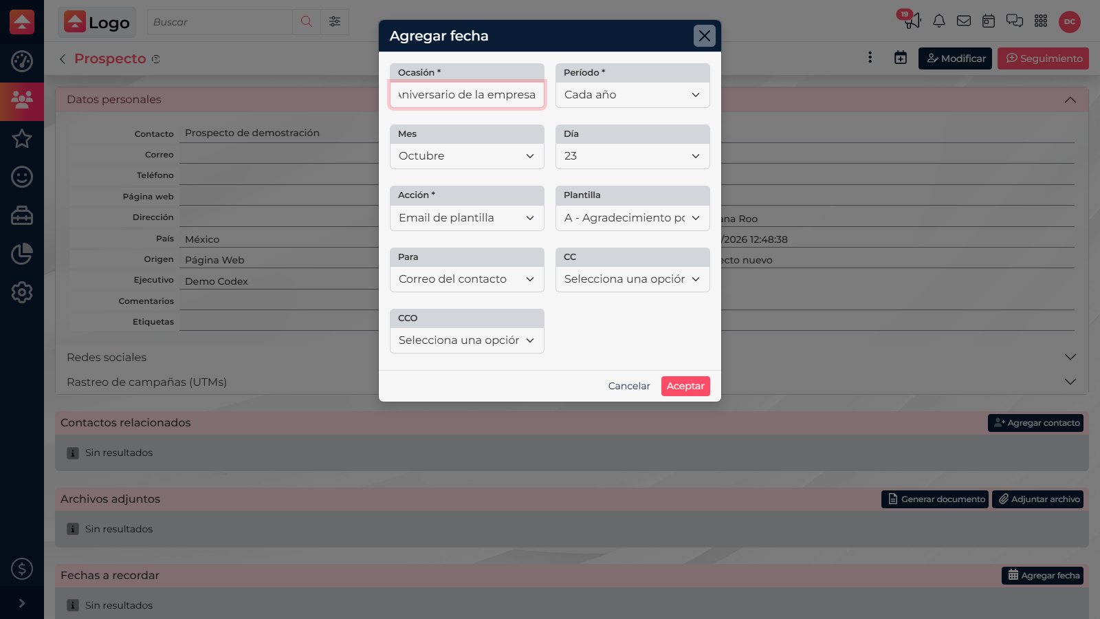 Actual form with email template and recipients