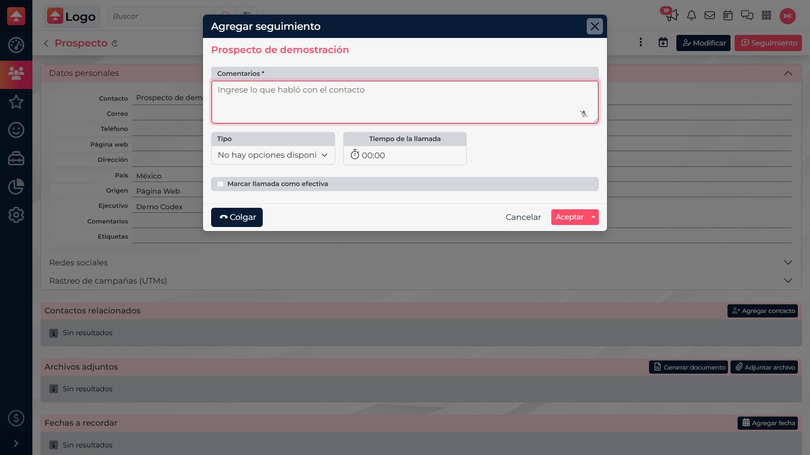 Add follow-up form open during a call, with the Comments field, timer, and effective call checkbox.