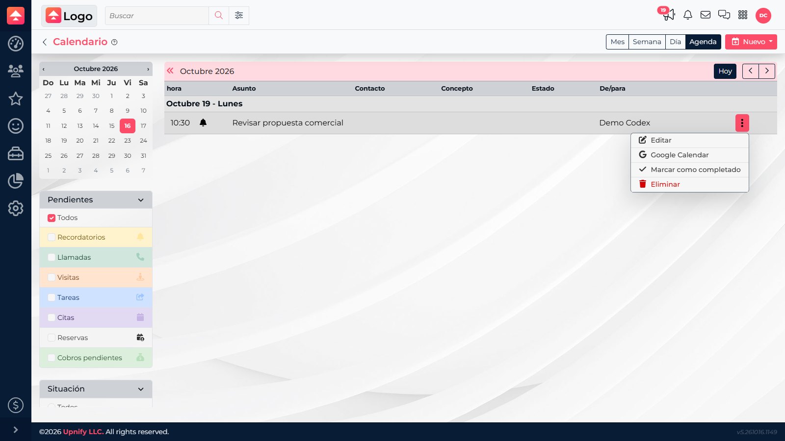 Actual activity menu with Google Calendar option