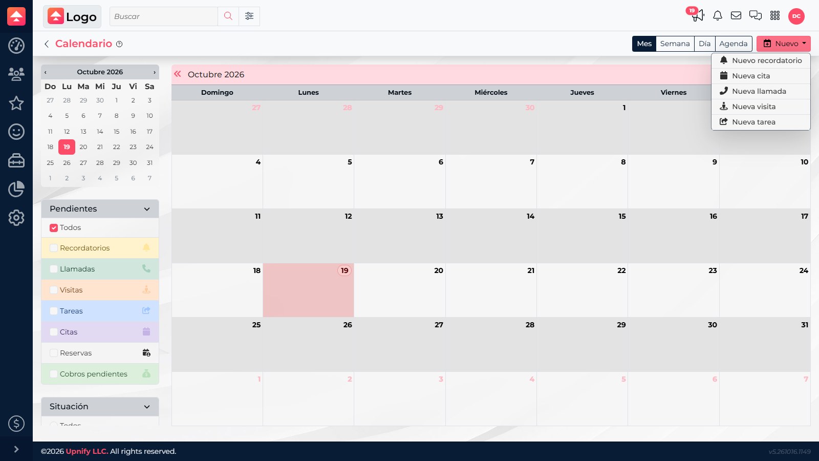 Calendar New menu with five activity types