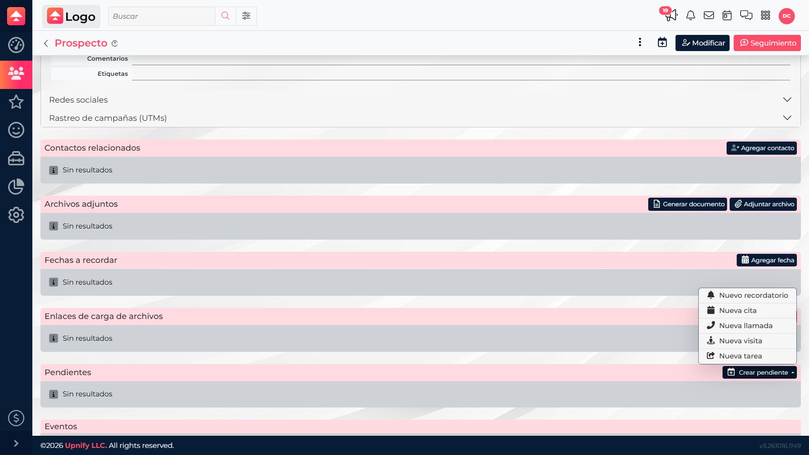 Contact Activities section with Create activity menu open