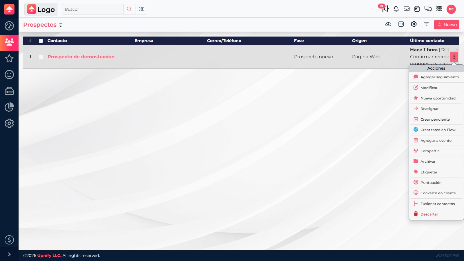 Prospect actions menu with Create activity