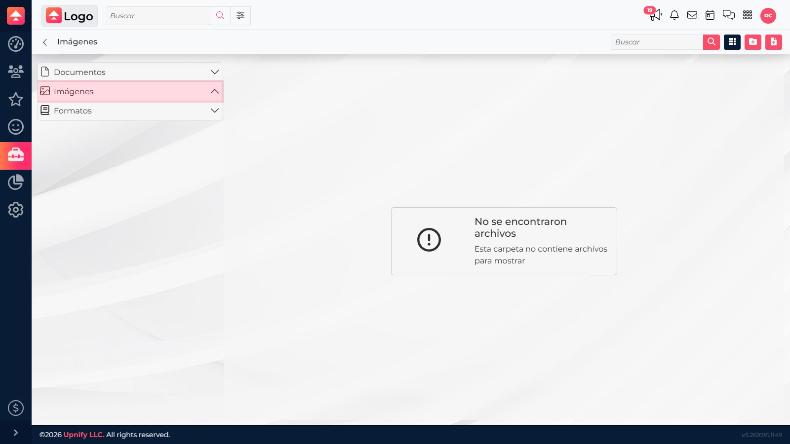 Biblioteca do CRM com as seções de arquivos e imagens