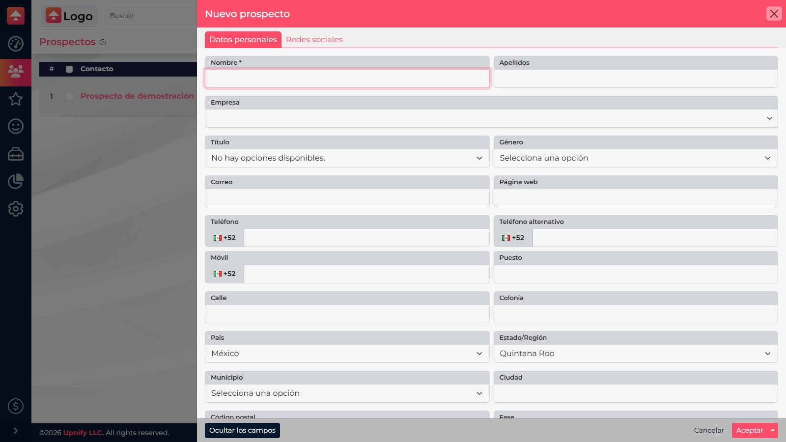 New prospect form with the required Name field