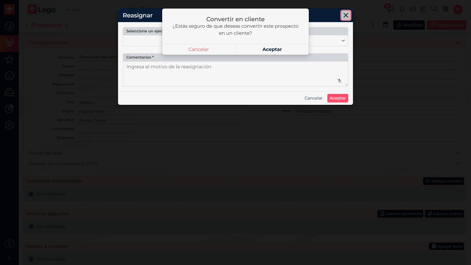 Confirmation dialog to convert a prospect into a customer
