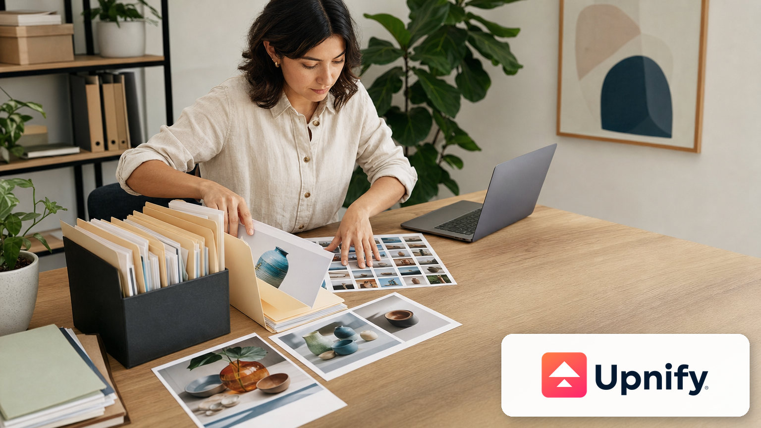Professional organizing company documents and images in a workspace.