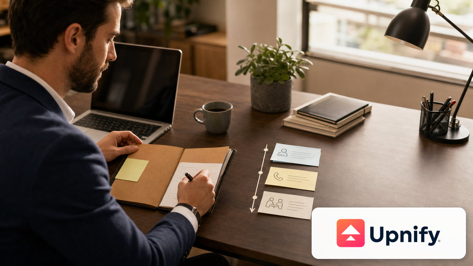 Salesperson reviewing a contact history and follow-up notes.