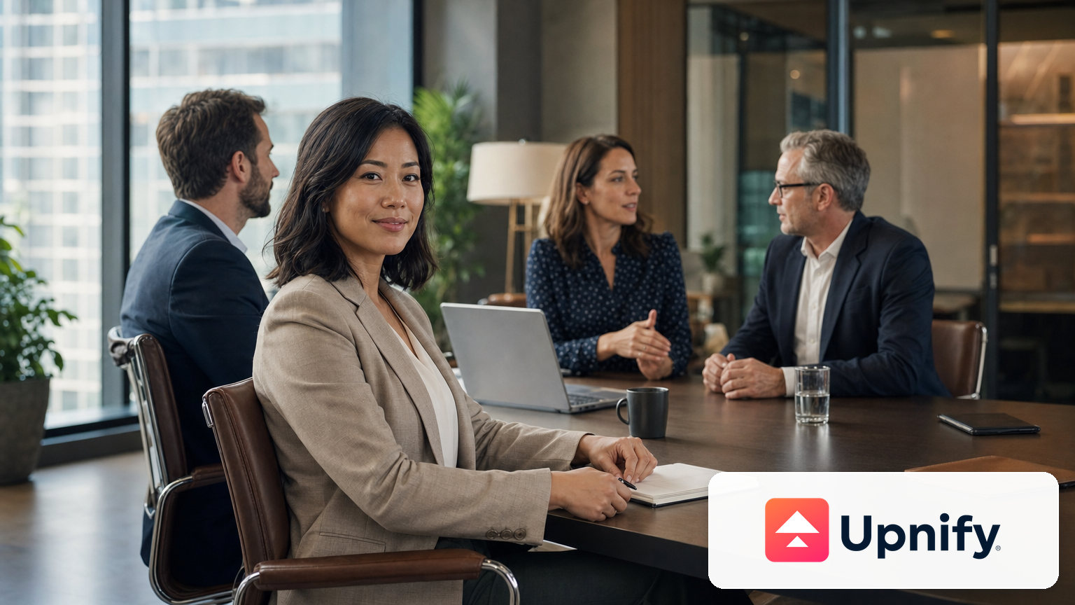 Key contact connected to a company team in a business meeting.