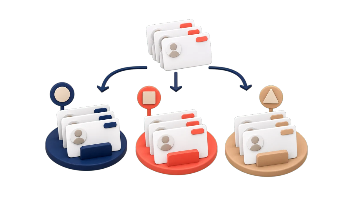 Concept illustration of contacts grouped with tags and commercial details.