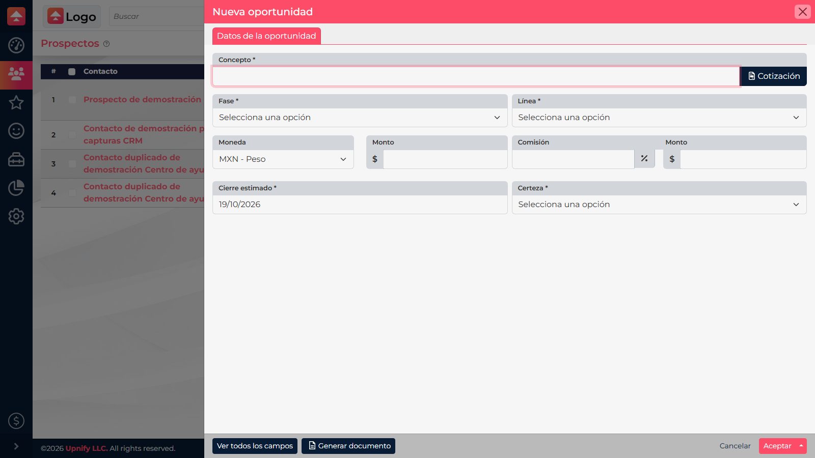 Form for creating an opportunity from a contact