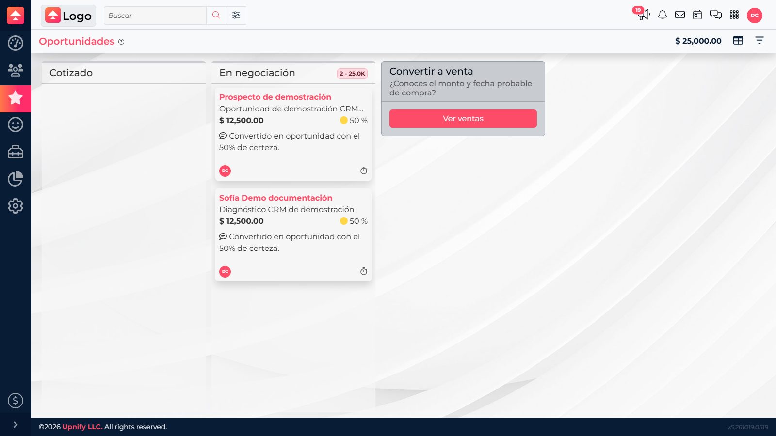 Quadro Kanban com oportunidades agrupadas por etapa