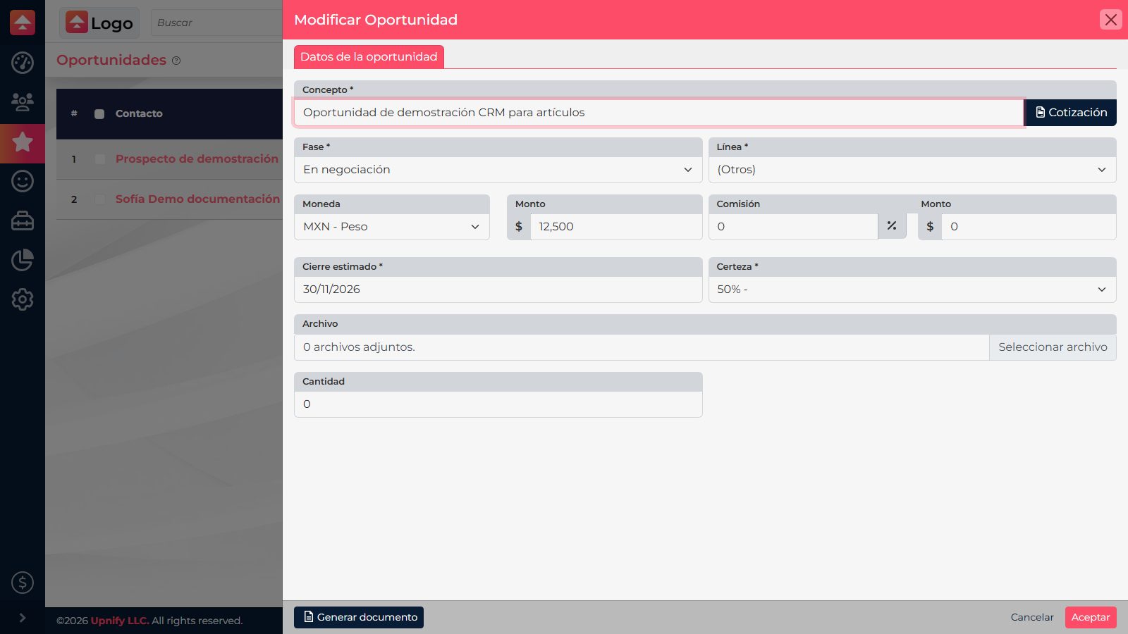 Opportunity form showing Estimated closing and Certainty