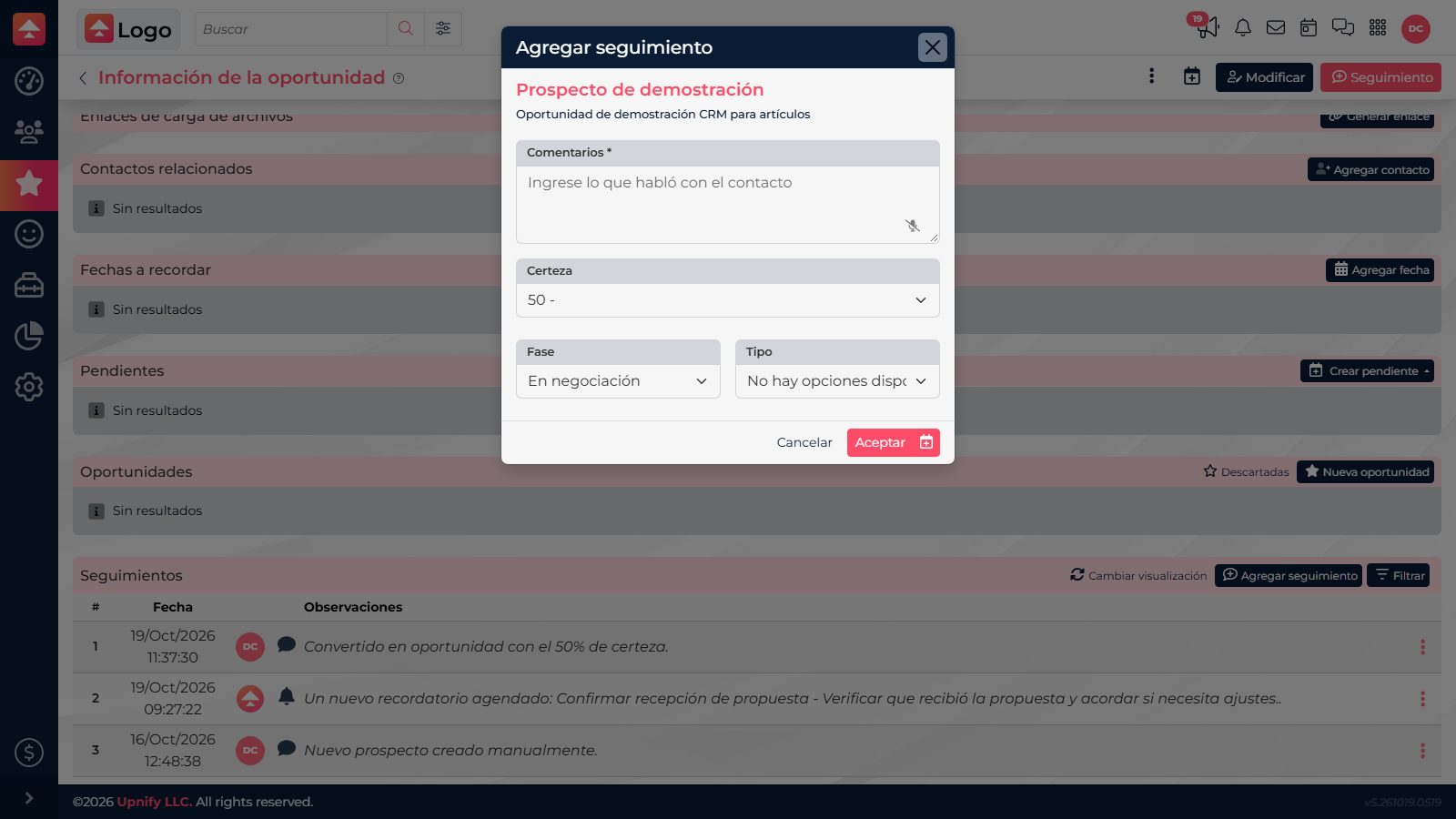 Formulário para registrar acompanhamento e atualizar etapa ou certeza