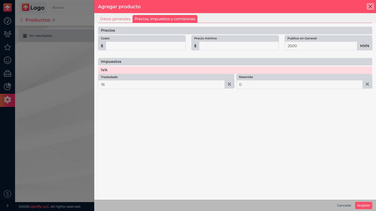 Product prices, taxes, and commissions tab