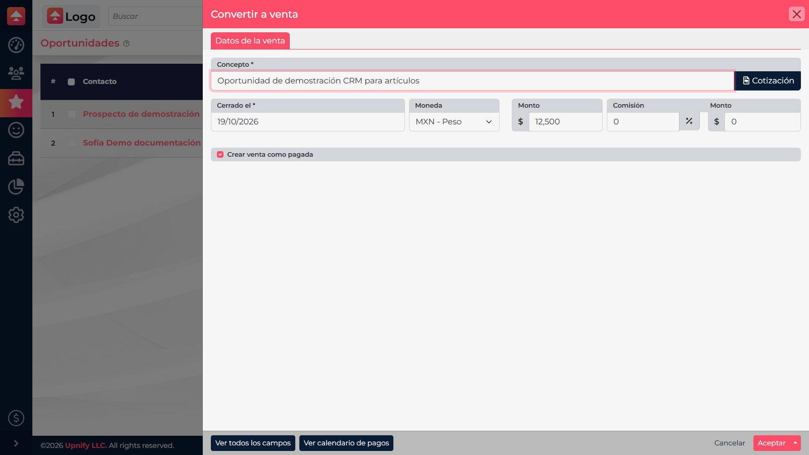 Sale form opened from Convert to sale
