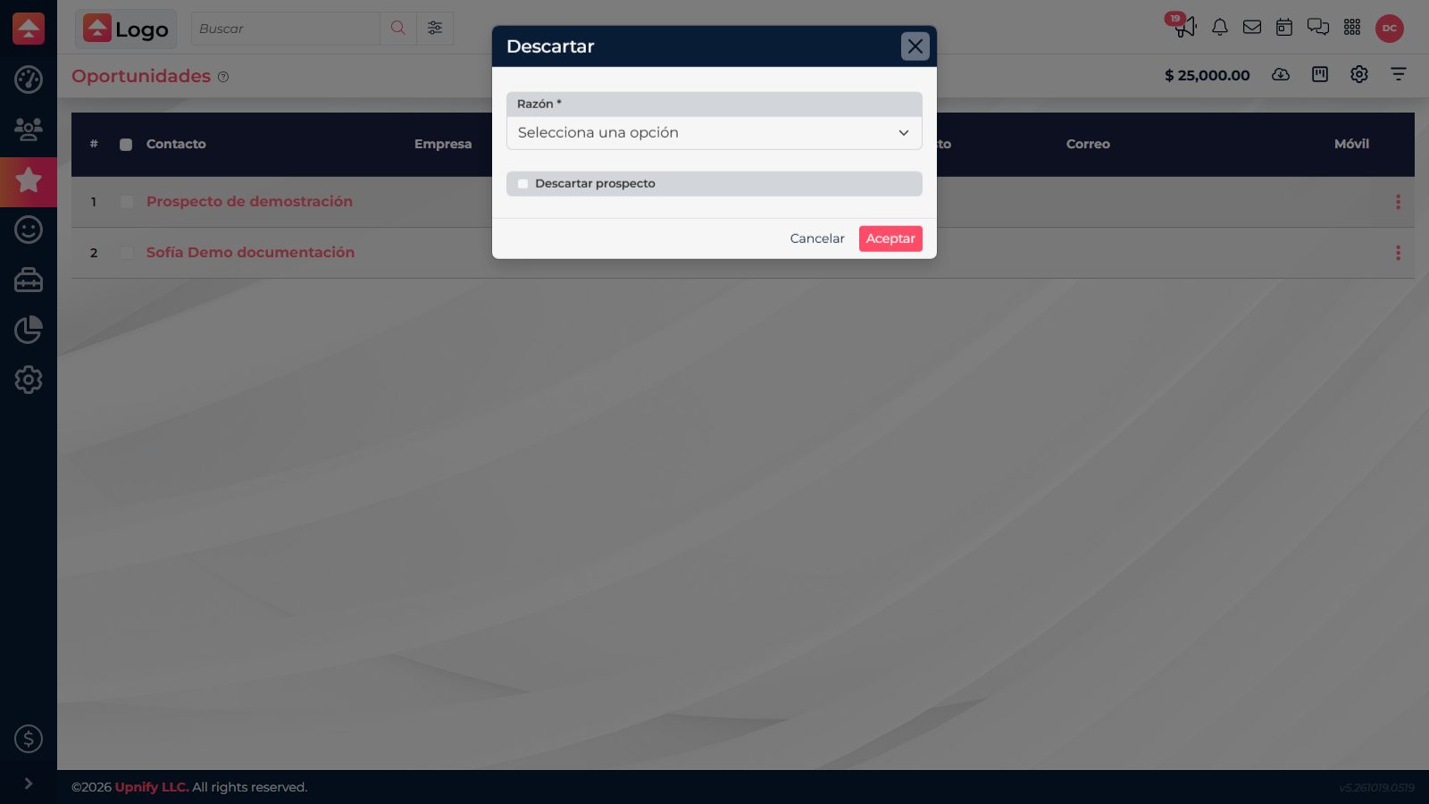 Form for discarding an opportunity and recording a reason