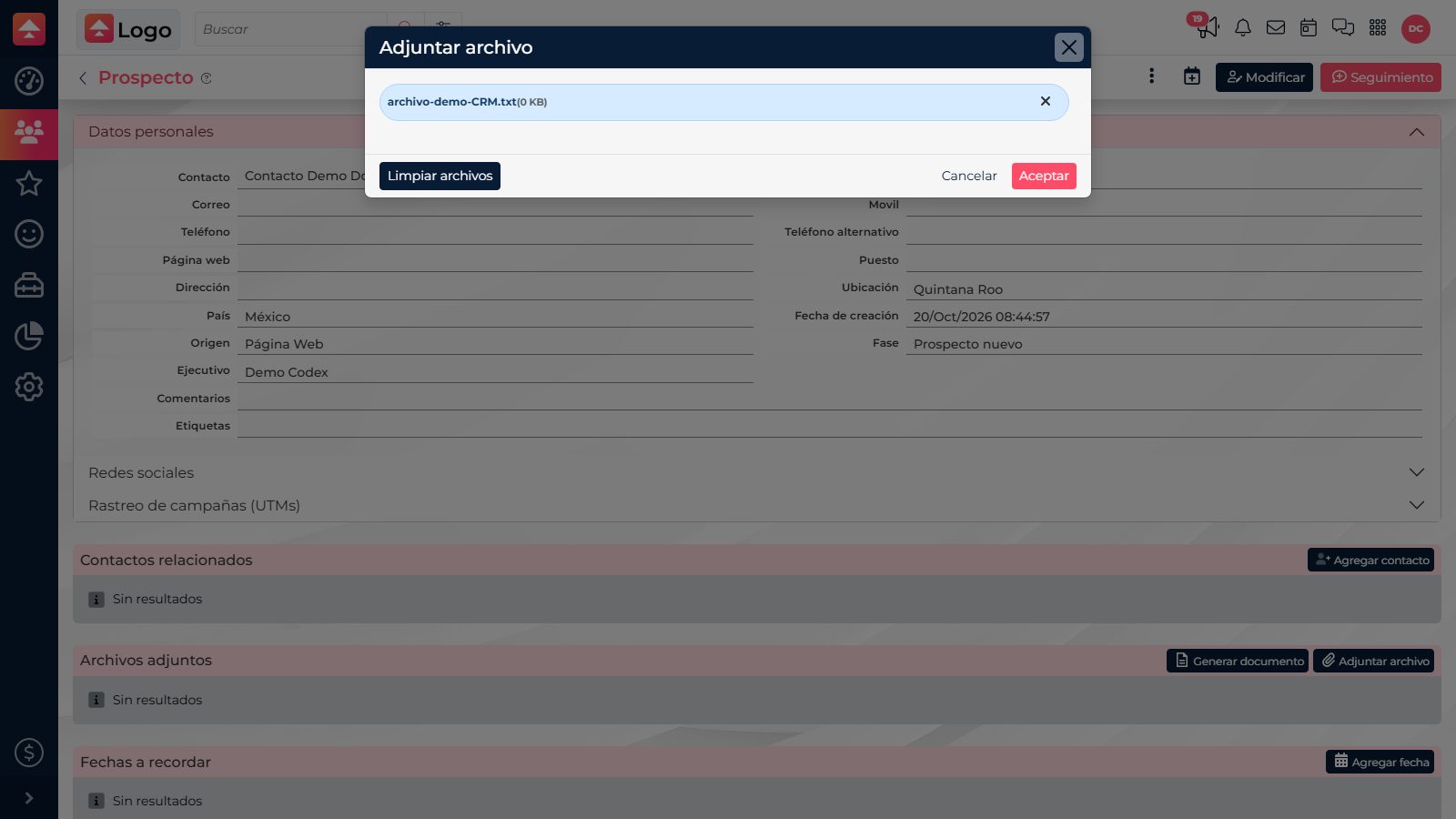 CRM dialog for attaching a file before confirming the upload