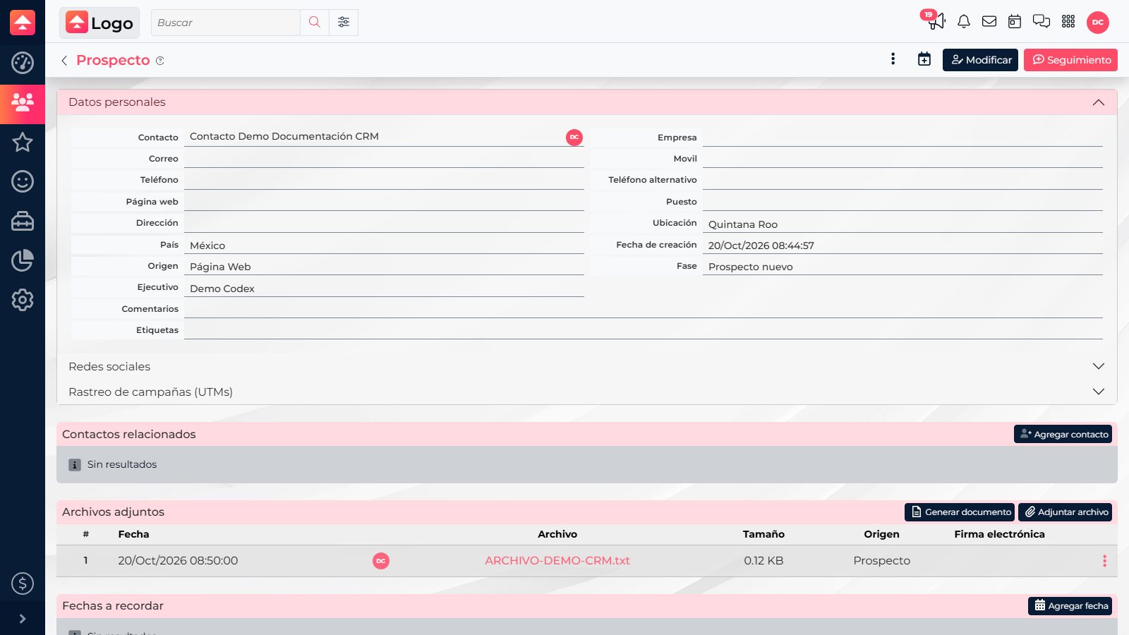 Prospect record with an attached file, its name, date, size, and origin