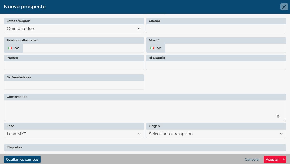 New prospect form with Phase, Origin, and Tags fields