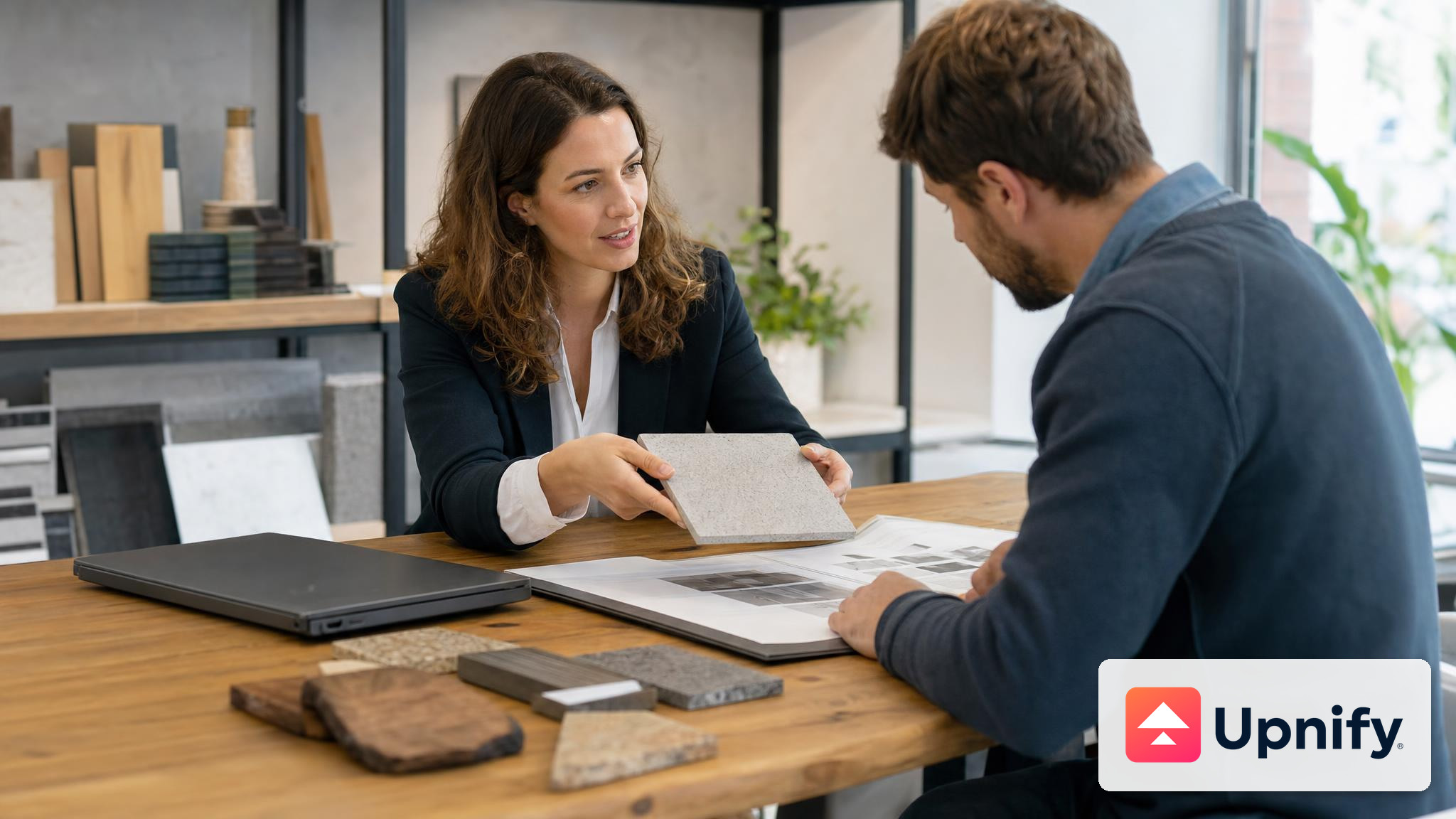 Team preparing a sales proposal from a catalog with the official Upnify logo