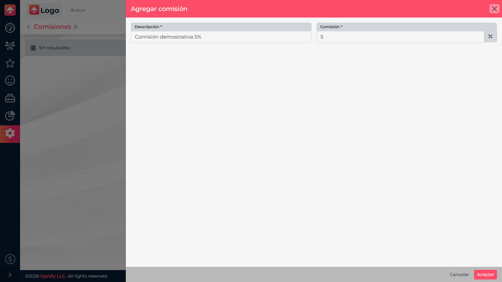 CRM form for adding an example 5% commission