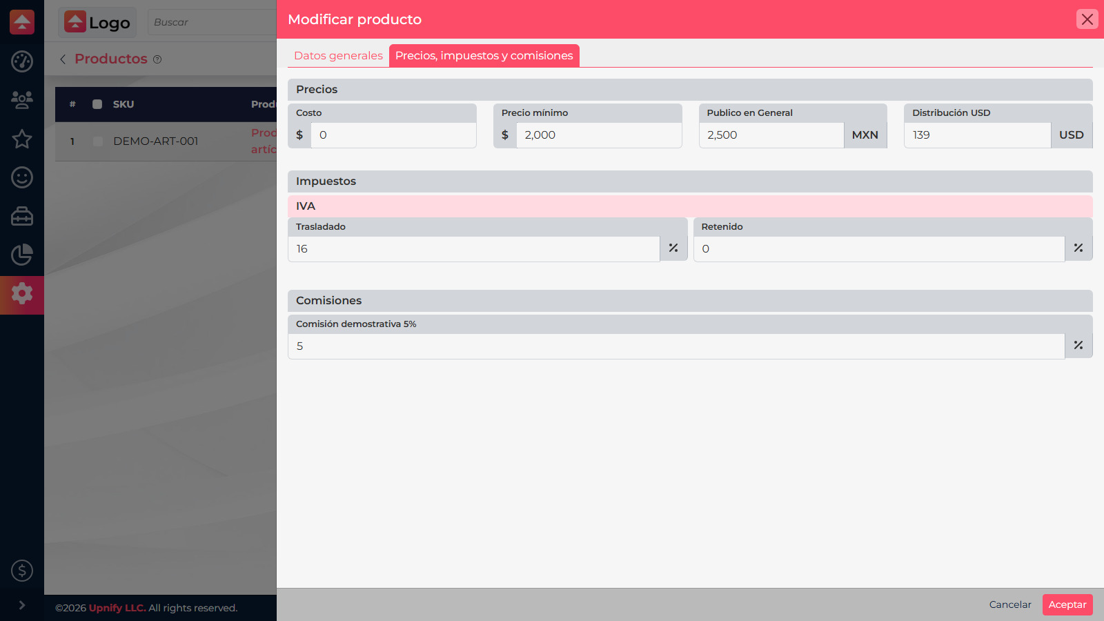 Product record with minimum price, price lists, and commission