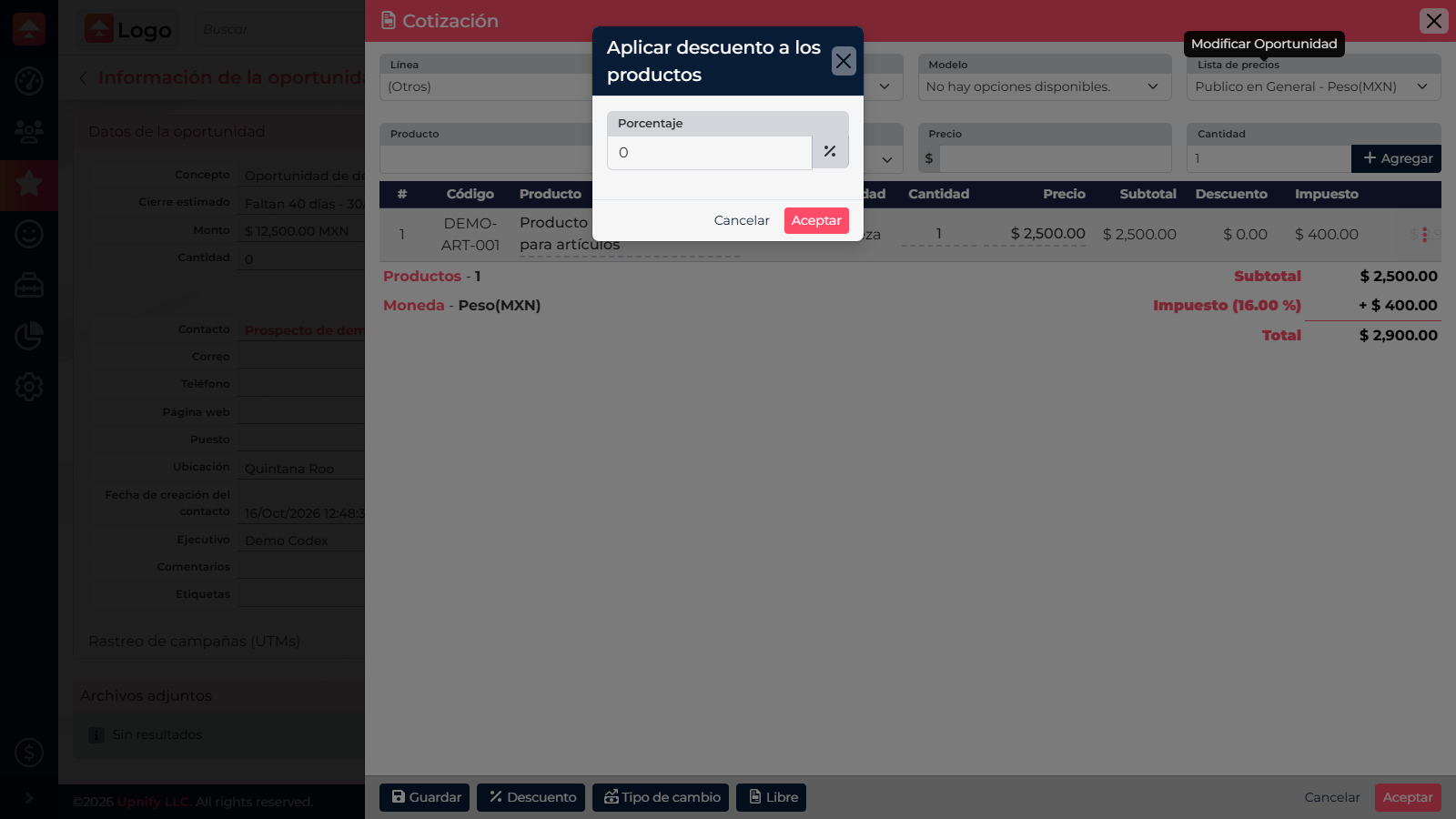 CRM dialog for applying a percentage discount to a quote