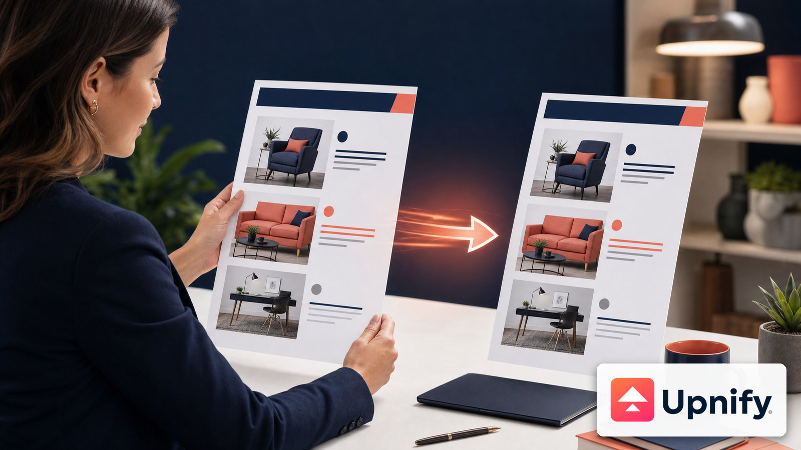 Sales professional reviews two proposals built from the same product combination; Upnify brand mark.