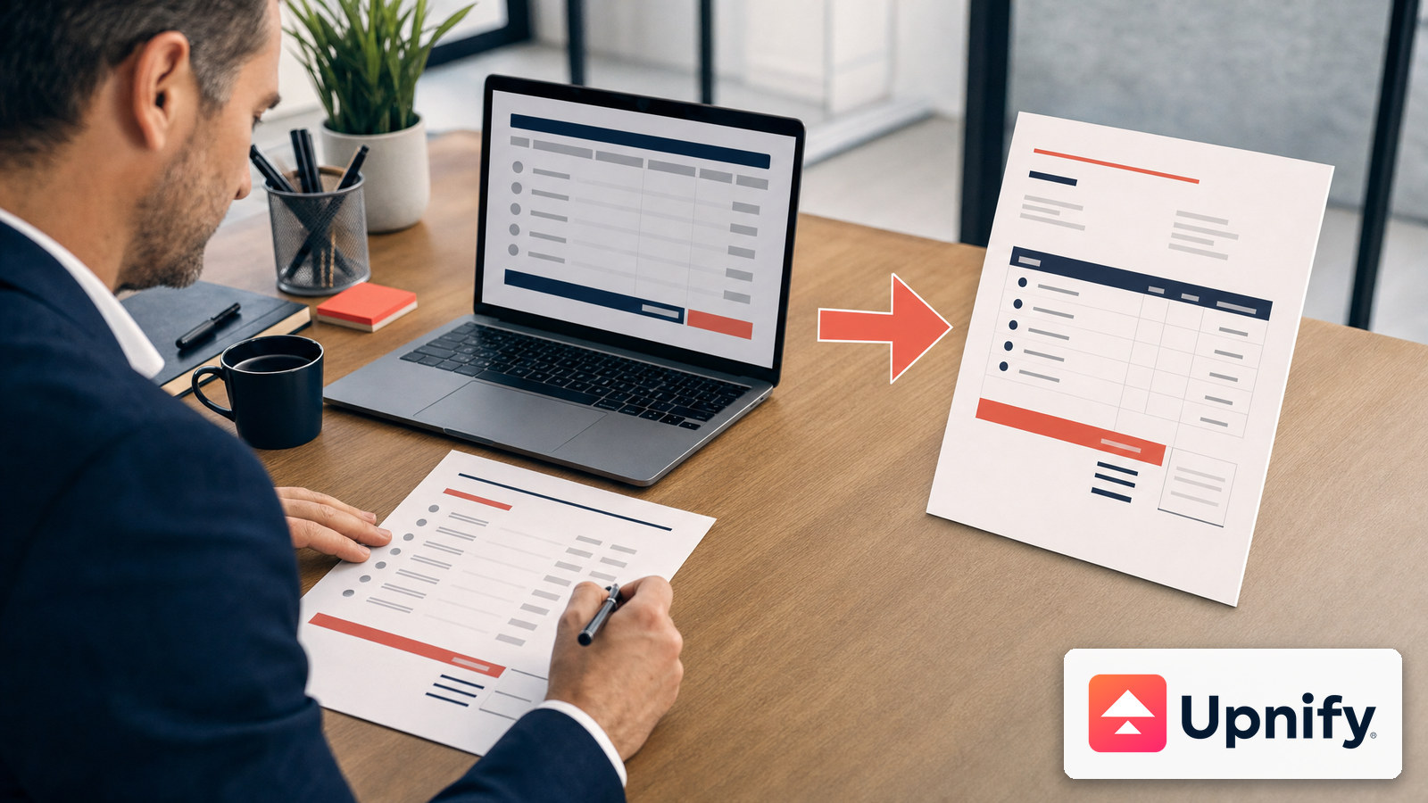 Laptop and quote proposal in a document-format preparation workflow; Upnify brand mark.