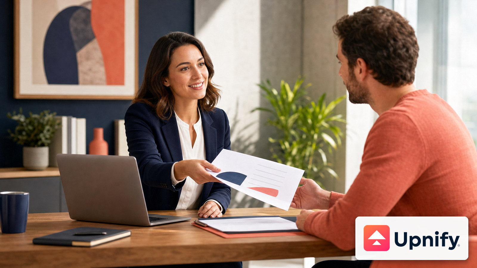 Representative shares a proposal with a customer and reviews the document; Upnify brand mark.
